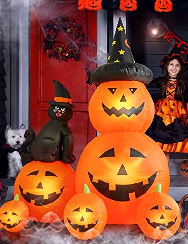 Надуваеми украса за Хелоуин HOPOCO 6 фута, Зловеща Призрачная Тиква с подсветка и Котка Вещици, Украса за Хелоуин, Надуваеми играчки