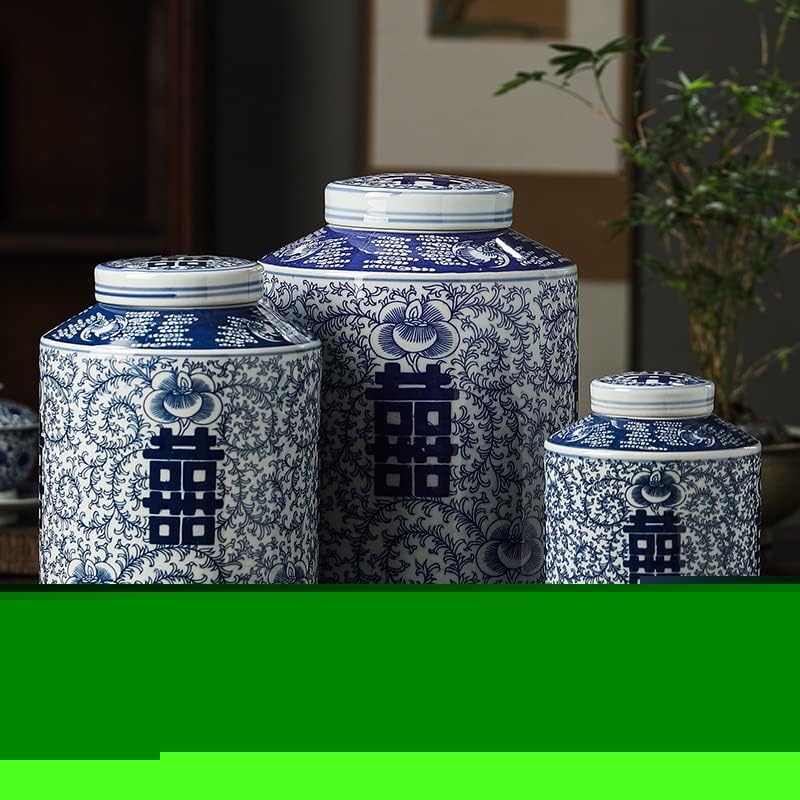 SDFGH Цзиндэчжэнь на Синьо-бялата порцеланова Сватба ваза-кана Happy Word Jar Керамична ваза-кана за Сватба ваза Керамична банка