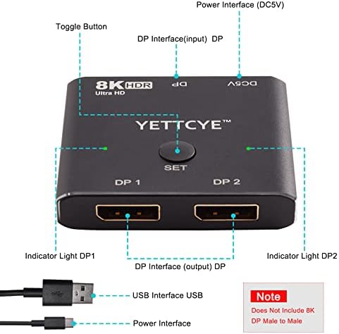 YETTCYE DisplayPort Switch 8K Дърва Двупосочен Превключвател DP 1.4 2In 1Out 1In 2Out Поддръжка на 1080P при 200 Hz 8K @ 60 Hz 4K @ 144 Hz за PC Хост-монитор на Лаптоп