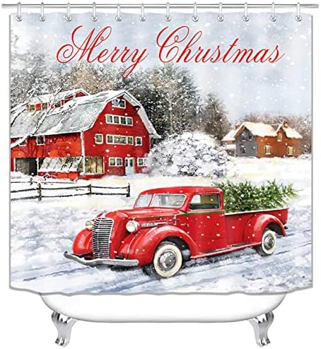Коледни Завеси за Душ DOLASEV Red Камион за Баня, Коледна Завеса за Душа в Ретро Фермерска къща, Завеса За Душа В Селски Коледната