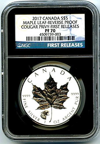 2017 Канадската Монета Сребърен Канадски Кленов лист с Обратен доказателство за HOWLING COUGAR Privy за ПЪРВИ път ПУСКА $5 PF70 NGC