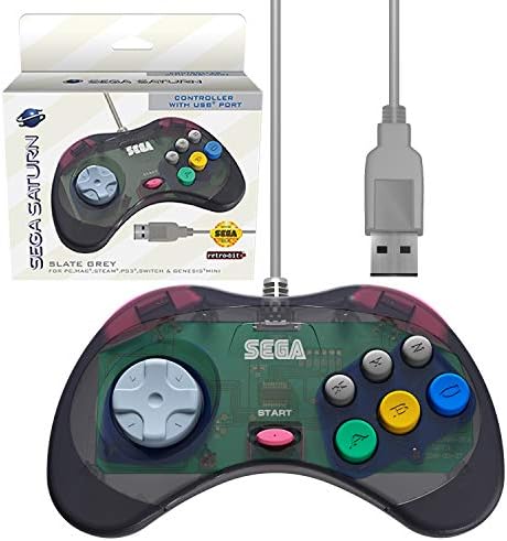 Официален USB контролер Sega Saturn в Ретро стил (модел 2) за Sega Genesis Mini, PS3, PC, Mac, Steam, с USB порт на Switch (Шиферно-сив)