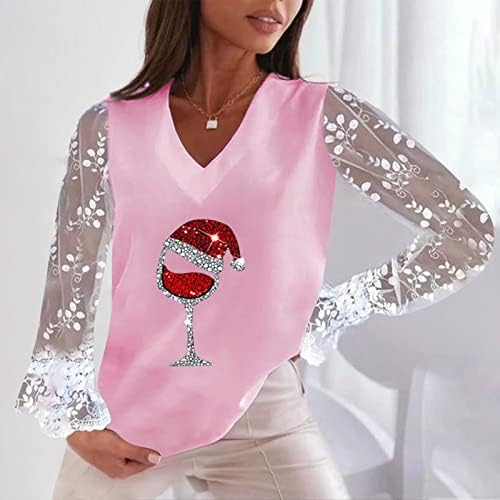 Коледни Ризи за Жени, добре облечени Прозрачна Лейси Блуза, Топ, с V-образно деколте, Блестящ Вино Коледна Риза, Дамски Забавна