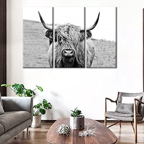 ТУМОВО 3 Лентата е Черно-бяла Високият Крава Картина върху Платно Стенен Декор Художествени Животни Картина за Хола Алпийски Животни