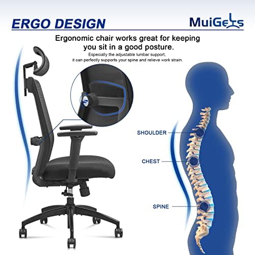 Ергономичен Офис стол MUIGELS - Компютърен стол с висока облегалка, Регулируема облегалката за глава за долната част на гърба, поддръжка