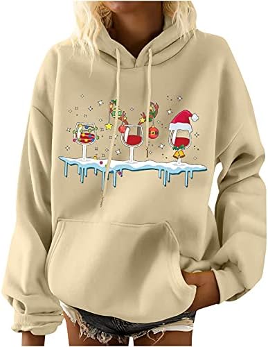 Дамски свободни чаша с качулка Коледа новост печатни drawstring пуловер блузи с дълъг ръкав hoody