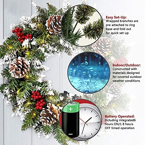 Коледен Венец за входната врата - Предсвеченный Коледен Венец с 50 led светлини, Таймер, Изкуствени Врати с Венци от борови Шишарки